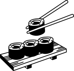 black and white icon of sushi roll on wooden plate