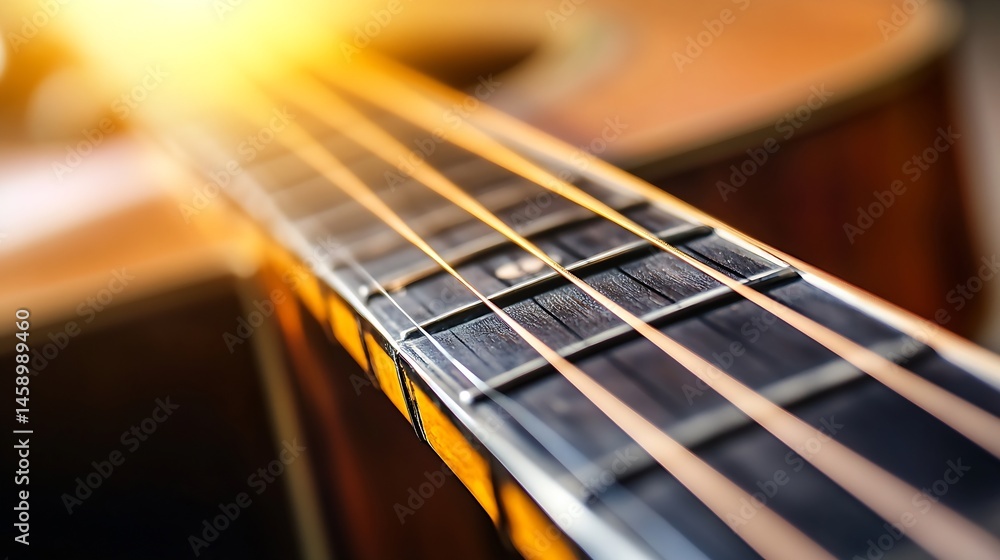 Aufkleber close-up view of an acoustic guitar's fretboard, showcasing the strings and wood grain under warm, s