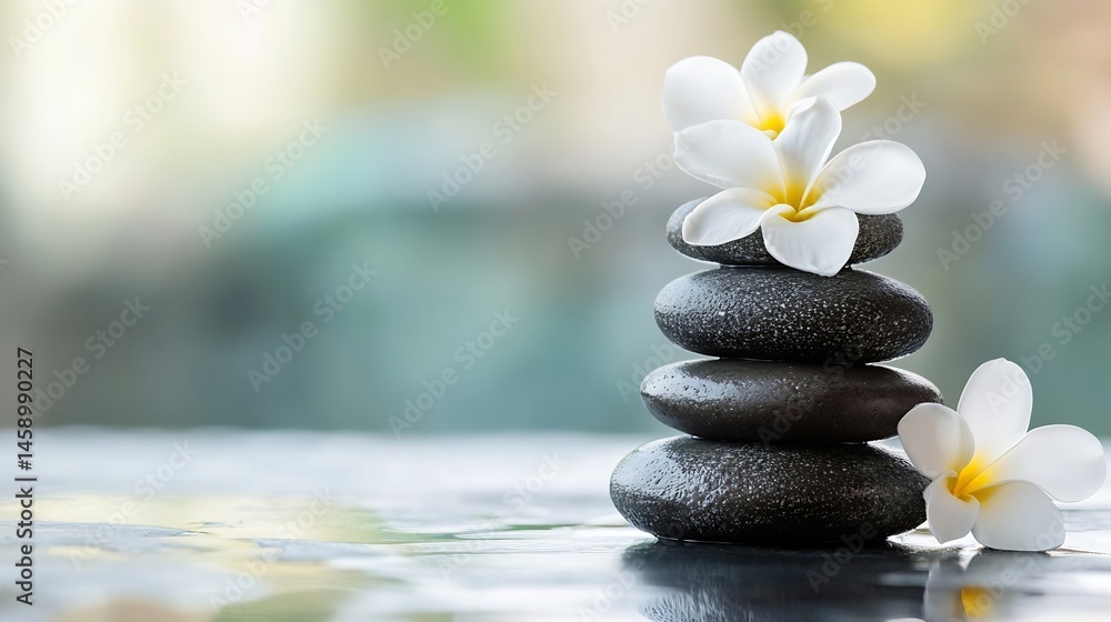 Poster serene spa scene featuring a stack of dark, smooth stones adorned with delicate white plumeria bloss