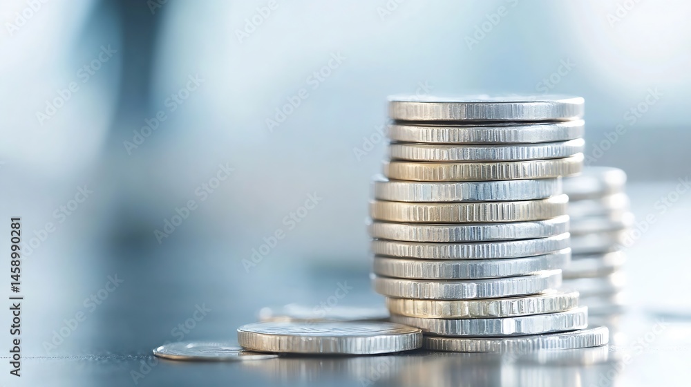 Poster close-up view of stacked silver and gold coins, reflecting light, suggesting financial growth or sav