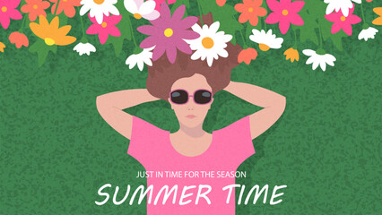 Summer time. Summer horizontal poster, banner with fashion hand drawn illustration of girl in sunglasses enjoying summer on the grass among flowers. Summer weekend and holiday concept, picnic.