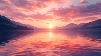 Naklejka premium Serene Lake Sunset: Tranquil Pink and Orange Reflections lake pink orange tranquil serene sunset sky