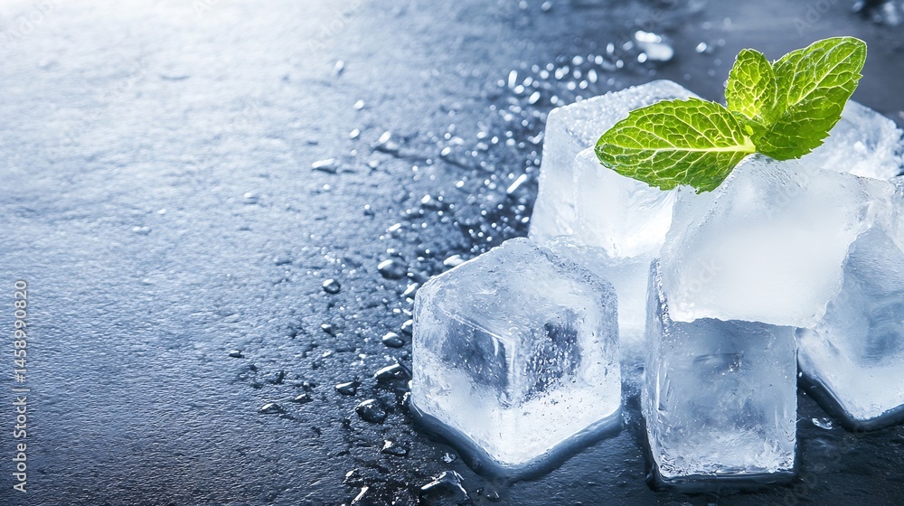Aufkleber close-up of refreshing ice cubes with a sprig of fresh mint on a dark, wet surface. perfect for summ