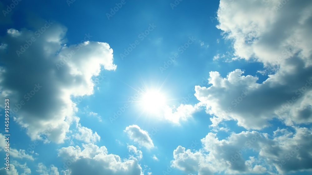 Aufkleber Bright sun shining through fluffy cumulus clouds in a vibrant blue sky, creating a serene and peaceful atmosphere. : Generative AI