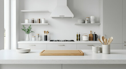 Modern Minimalist White Kitchen Interior Design with Cooking Utensils and Cutting Board on Countertop