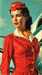 Vintage Flight Attendant in Red Uniform – Classic Airline Poster