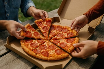 Sharing delicious pepperoni pizza outdoors.