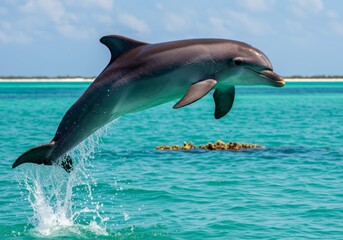 Obraz premium Dolphin Jumping Out of Turquoise Ocean Water with Tropical Background