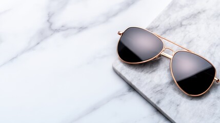 Stylish sunglasses resting on a marble surface, with a soft-focus background enhancing elegance