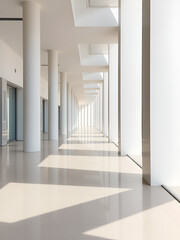 Obraz premium A sleek, modern interior with a series of white pillars along a corridor, sunlight casting shadows on glossy floor.