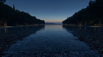 Abstract Lake of Liquid Mathematics with Rippling Surface and Geometric Patterns in Soft Light