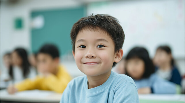 A bright classroom where students are happily using free learning materials provided through public education funding, close up shot, space for text
