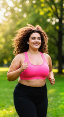 Fototapeta premium Plus-Size Woman Joyfully Running in a Green Park 