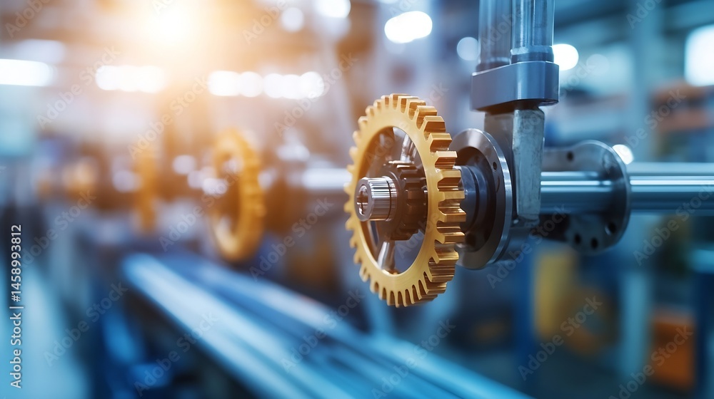 Fototapete close-up of a golden gear mechanism in a modern industrial factory setting, showcasing intricate det