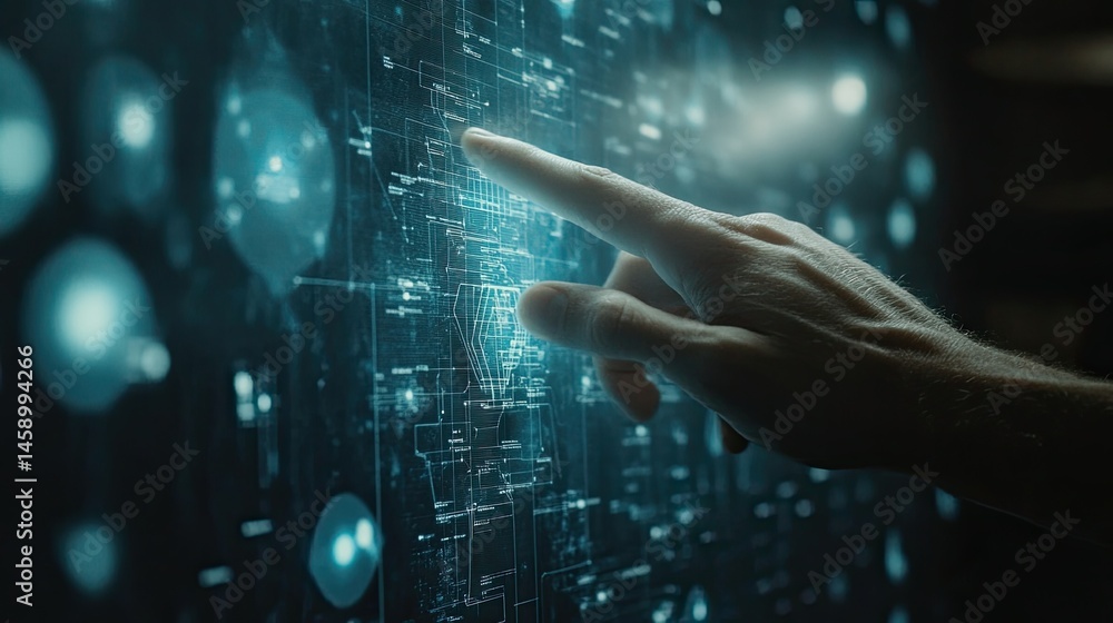 Aufkleber interactive data manipulation: hand touching futuristic technology interface