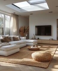 Modern living room with large windows, sunlight, and neutral decor