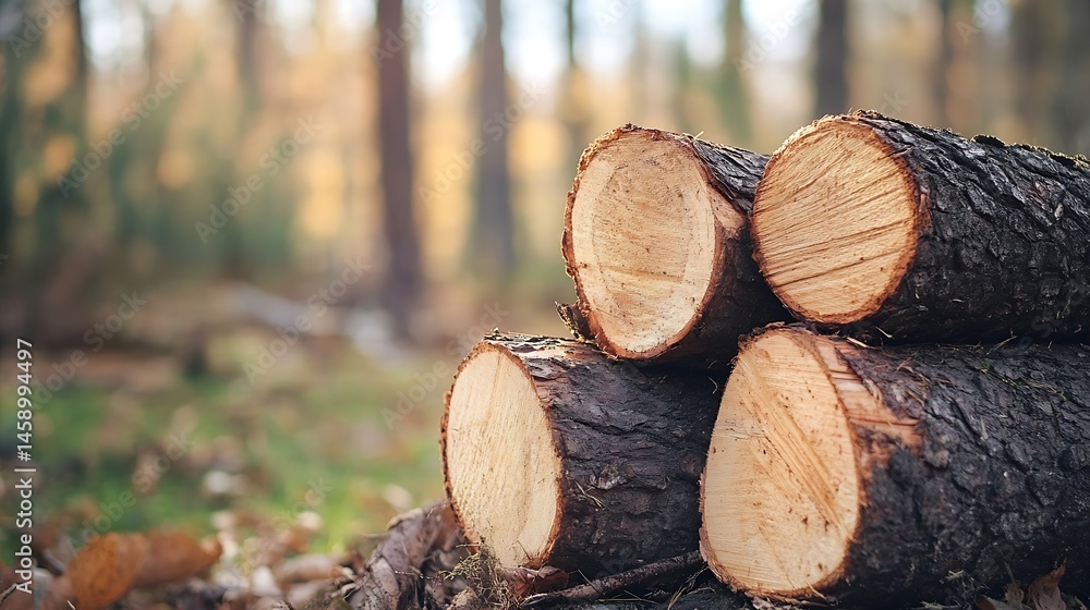 Leinwandbilder close-up view of four stacked tree logs in a forest setting, showcasing the contrast between the lig