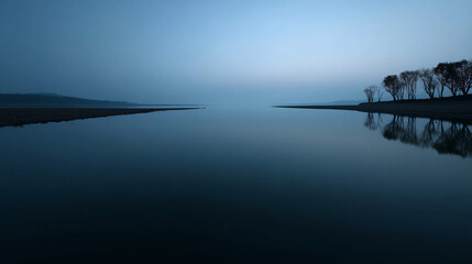 Calm Blue Lake Reflecting Sky and Trees Peaceful Minimalist Nature Scene with Mirror-Like Water Serenity