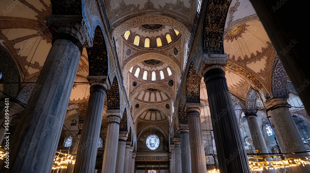 Poster interior view of a grand mosque showcasing intricate domes, arches, and marble columns, illuminated 
