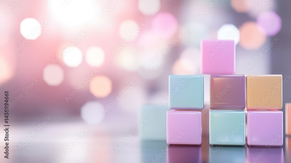 Fototapete Pastel-colored cubes arranged in a pyramid shape against a bokeh background, creating a minimalist and modern aesthetic. : Generative AI