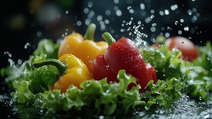 Fresh Bell Peppers and Lettuce with Water Splash lettuce bell peppers red pepper yellow pepper food