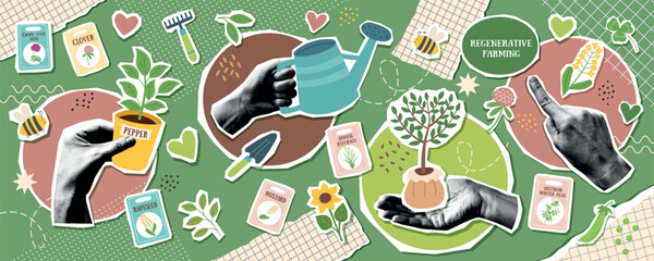 Farming and gardening collage banner with human hands photo holding seedlings and watering can in pop art style. Spring, nature and environment trendy background.