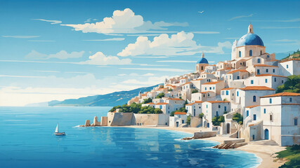 Fototapeta premium Mediterranean Village with White Houses by the Sea 