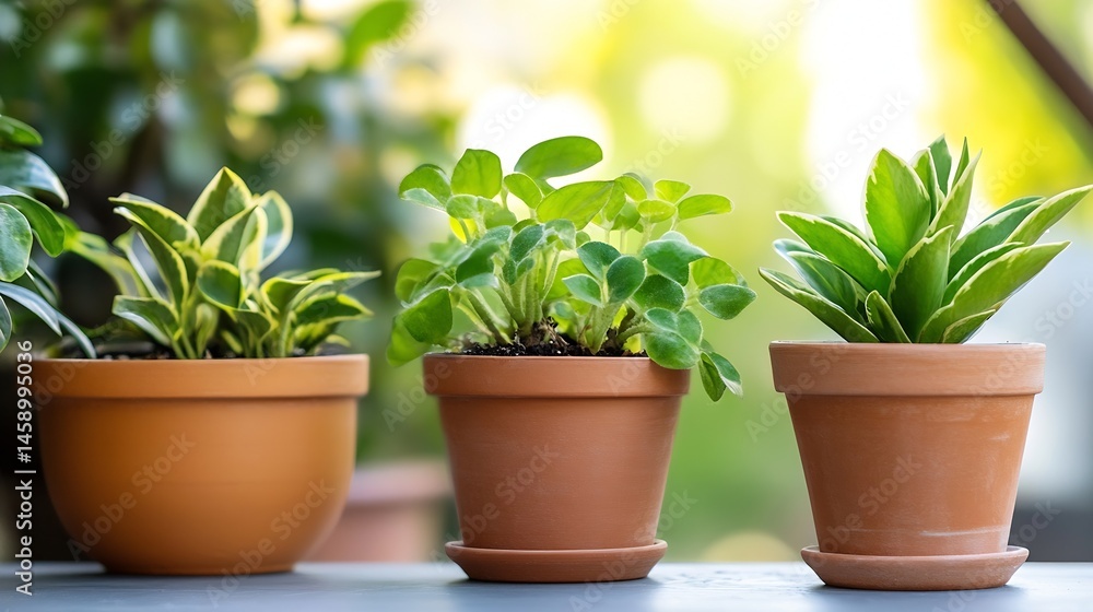 Aufkleber three potted plants with vibrant green foliage sit on a gray surface, bathed in soft sunlight, creat