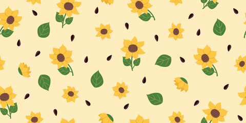 Nature seamless pattern of sunflowers isolated on yellow. Nature, gardening, agriculture concept. Vector banner in flat style.
