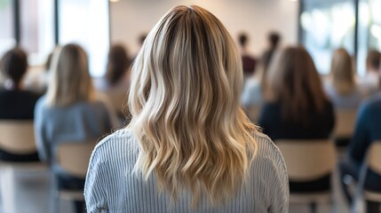 Woman with blonde wavy hair sits in a conference room, facing away from the camera, audience blurred in the background. : Generative AI