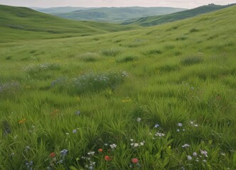 Rolling hills of emerald grass, wildflowers scattered  ,  peaceful,  calm,  rural