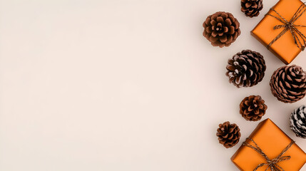 Festive Holiday Background with Pine Cones and Gifts