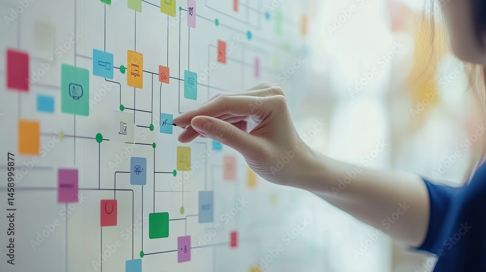 Poster strategic planning session with interactive flowchart display for business strategy