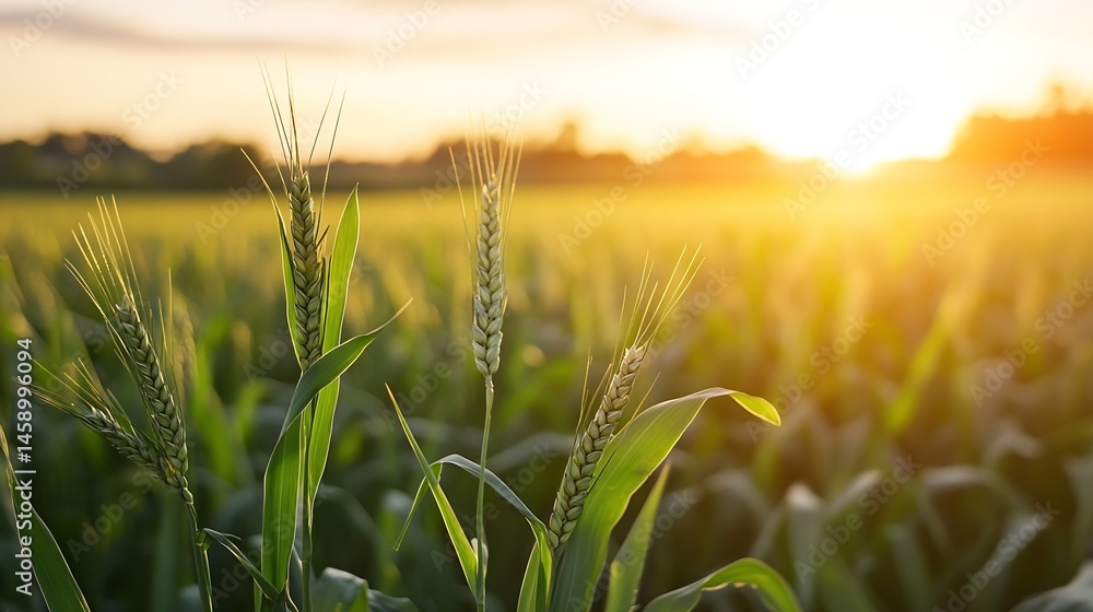 Poster close-up view of three wheat stalks in a field at sunset, bathed in golden light, showcasing the int