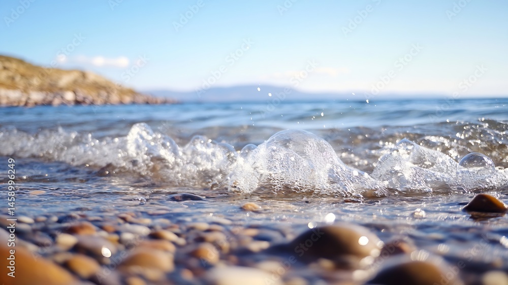Aufkleber close-up view of a small wave breaking on a pebble beach, sunlight reflecting on the water and wet s