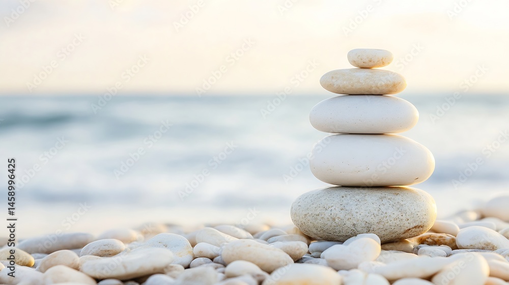 Aufkleber serene stack of white stones on a beach at sunset, creating a peaceful and balanced zen-like scene b