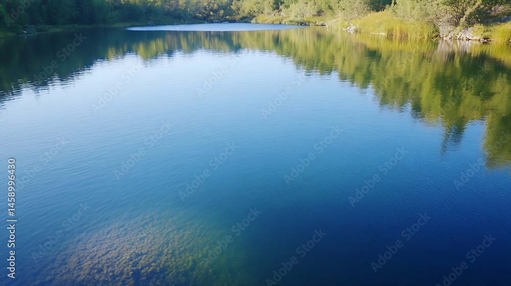 Aufkleber serene lake reflecting lush green trees on a calm summer day, the tranquil water showing subtle ripp