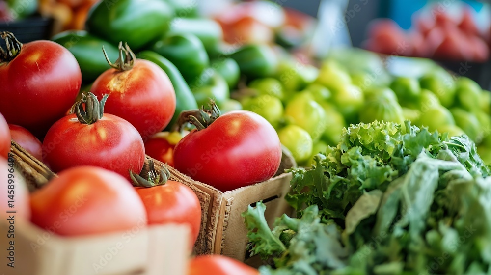 Poster close-up view of ripe red tomatoes and green peppers displayed in wooden crates at a farmer's market