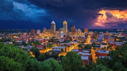 Obraz premium Stunning Night View of Little Rock, Arkansas Skyline Under a Dramatic Stormy Sky