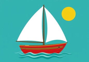 Fototapeta premium Sailing Boat on Water with Yellow Sun in Blue Sky Illustration