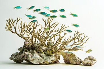 Naklejka premium A vibrant underwater scene featuring a coral reef with numerous blue fish swimming around it.