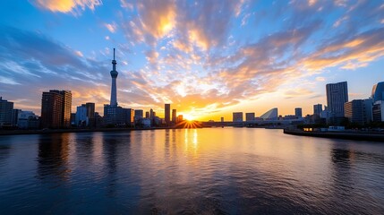 Naklejka premium Tokyo skyline at sunset, featuring the Tokyo Skytree and modern buildings reflected in calm water. Golden hour light illuminates the cityscape and clouds. : Generative AI