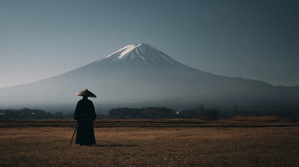 Lone Samurai Standing Before Majestic Mount Fuji in Traditional Armor with Cherry Blossoms Drifting in the Wind