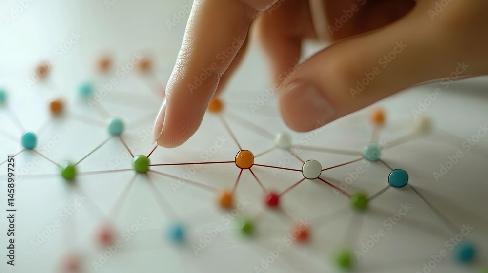 Poster human finger connecting colorful pins linked by lines, representing network analysis