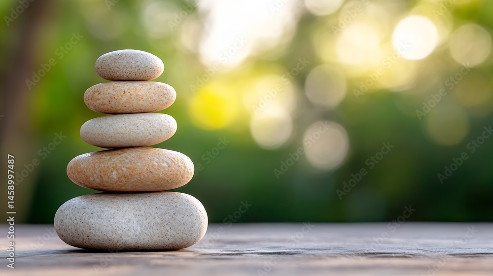 Aufkleber Serene Stack of Balanced Stones on Wooden Surface, Peaceful Nature Background with Soft Sunlight and Green Bokeh. : Generative AI