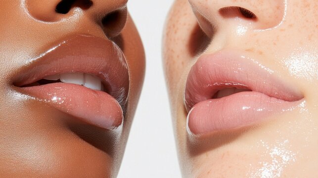 Close-up of Two Women's Lips with Glossy Lip Products, Showcasing Different Skin Tones and Shades