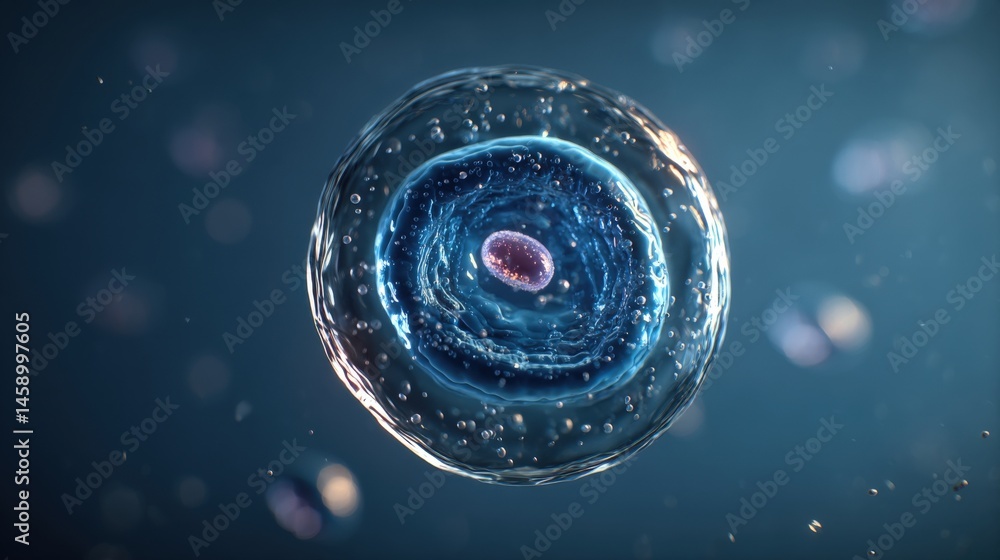 Leinwandbilder Microscopic view of a single cell, showcasing its nucleus and surrounding cytoplasm, with tiny bubbles and particles floating in the dark blue background.