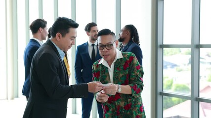 exchanging business card : Professional business teamwork diverse company people in meeting. Group of colleagues discussion during business meeting in conference room