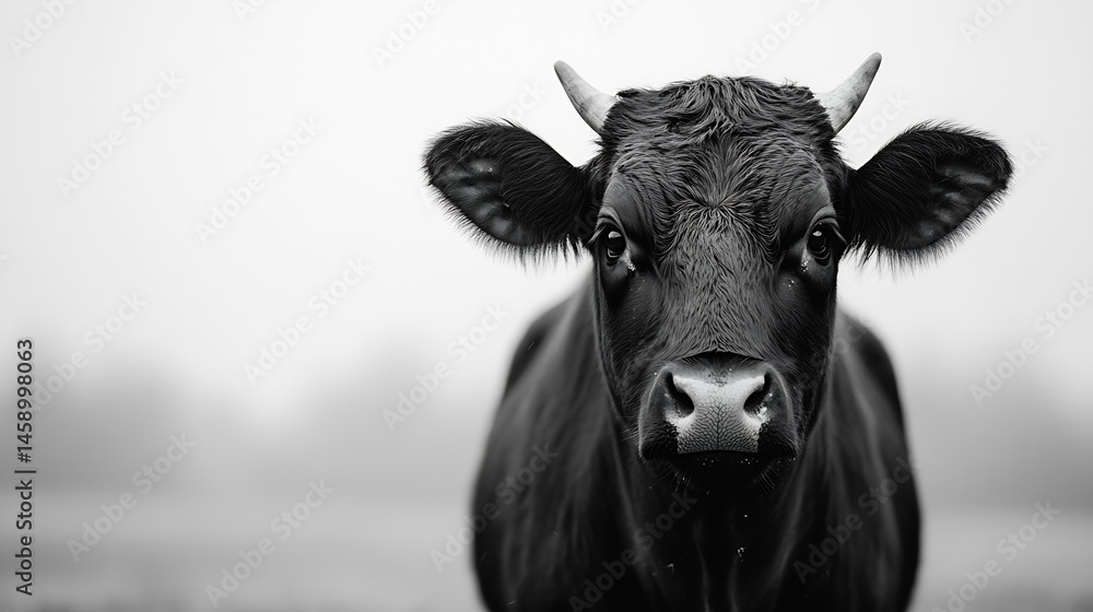 Poster close-up portrait of a young black bull, horns visible, standing in a foggy field. monochrome image 