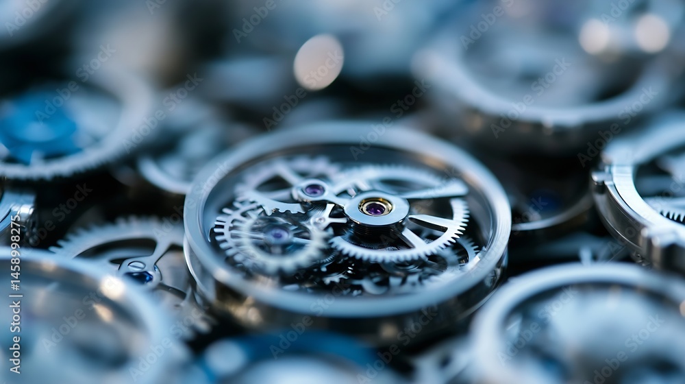Poster Close-up view of intricate watch gears, showcasing precision engineering and complex mechanics.  The metallic components interlock, highlighting the artistry of horological design. : Generative AI
